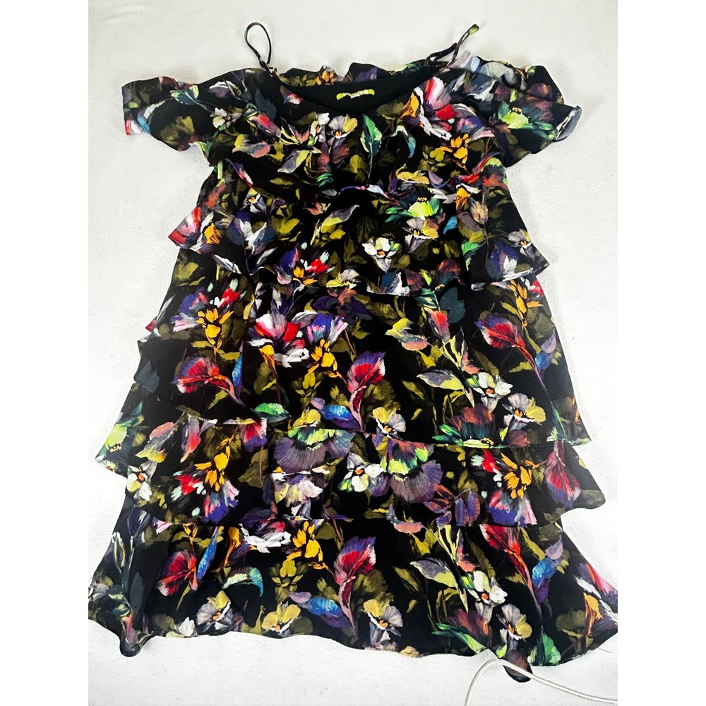 Gianni Bini Womens Floral Tiered Ruffle Cold Shoulder Mini Dress Black Multi L